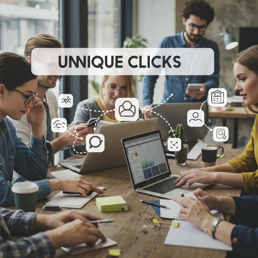 Diverse individuals engaging with digital devices in a modern workspace, illustrating unique clicks in digital marketing