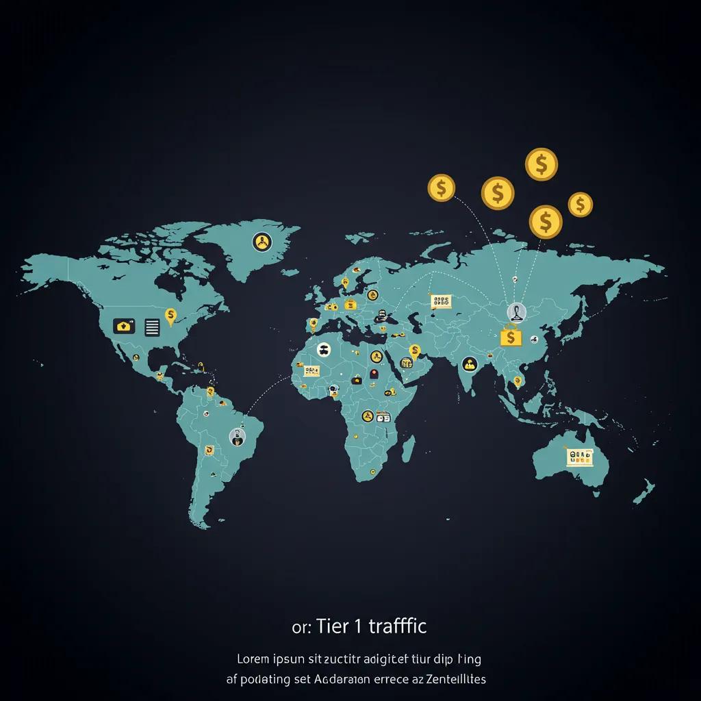 Map highlighting Tier 1 countries with icons representing digital marketing and e-commerce opportunities