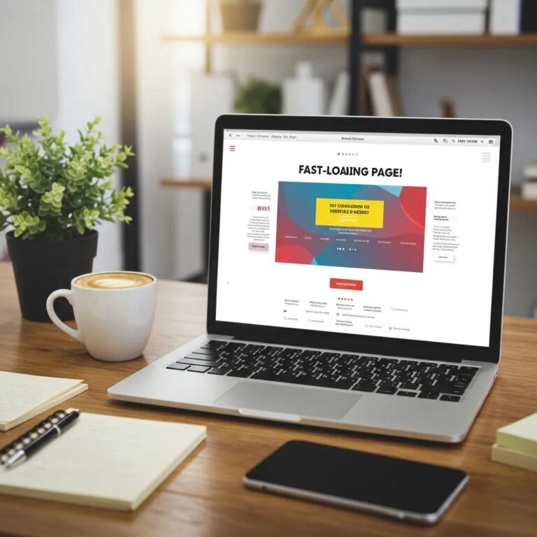 Modern workspace with a laptop showing a fast-loading landing page, coffee, notepad, and plant