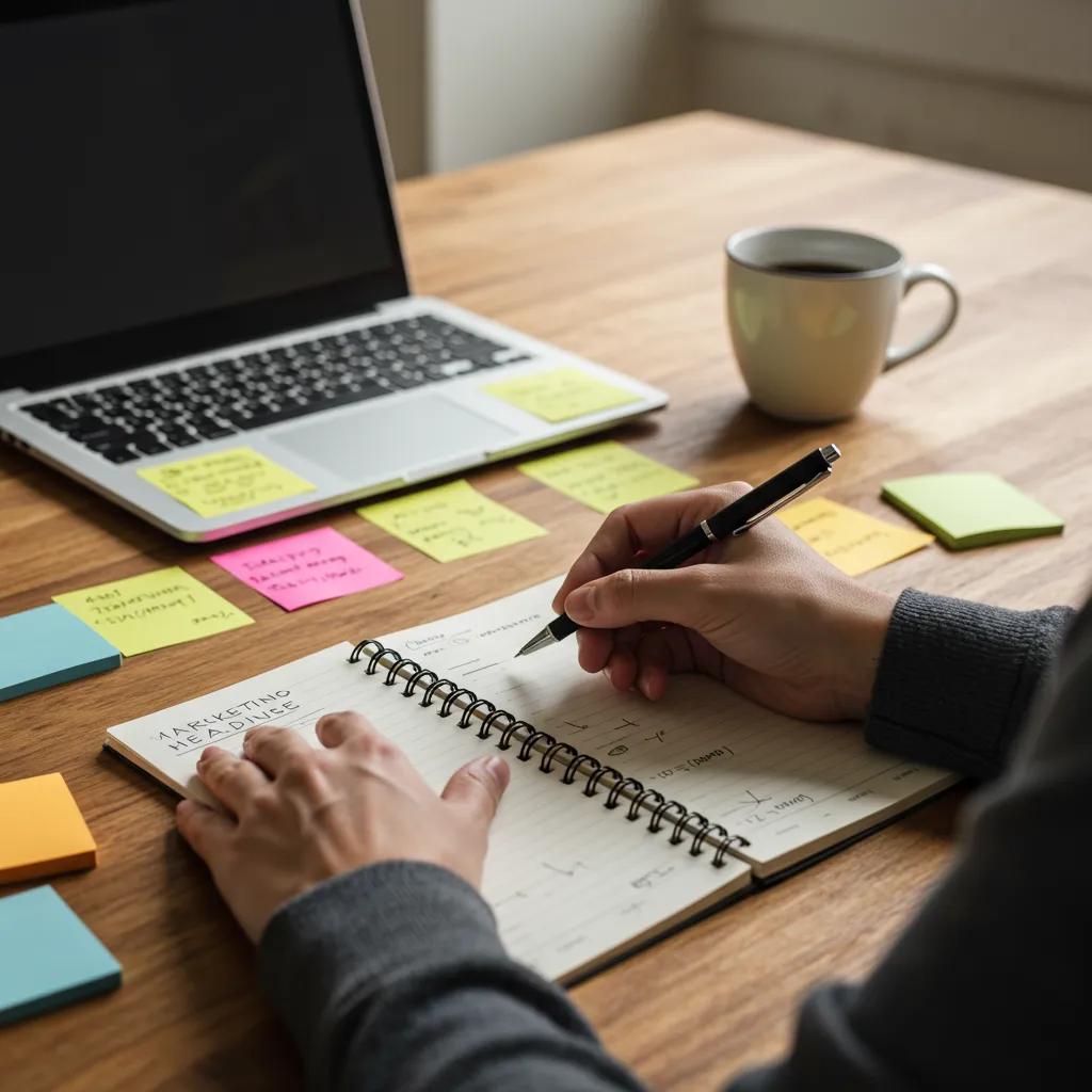 Person brainstorming marketing headlines with sticky notes and a laptop in a cozy workspace
