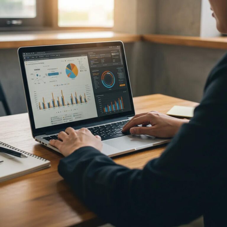 Professional analyzing website analytics data on a laptop in a modern office