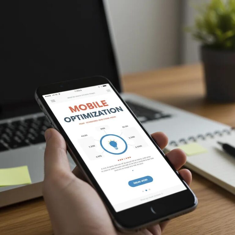 Smartphone showcasing a mobile landing page in a modern workspace