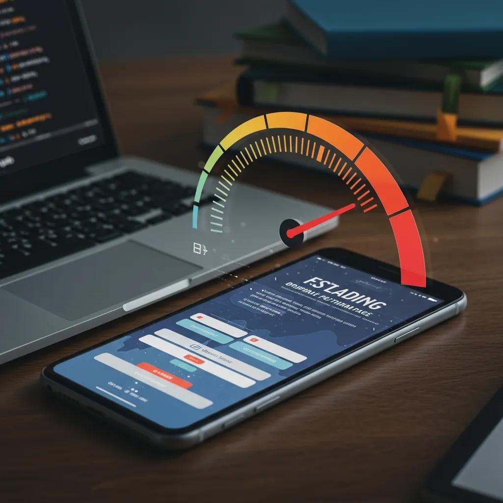 Speedometer graphic indicating fast performance on a mobile landing page