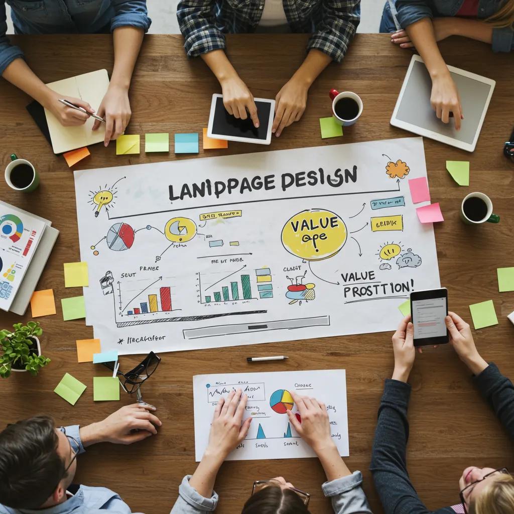 Team of professionals collaborating on landing page design, emphasizing value proposition development