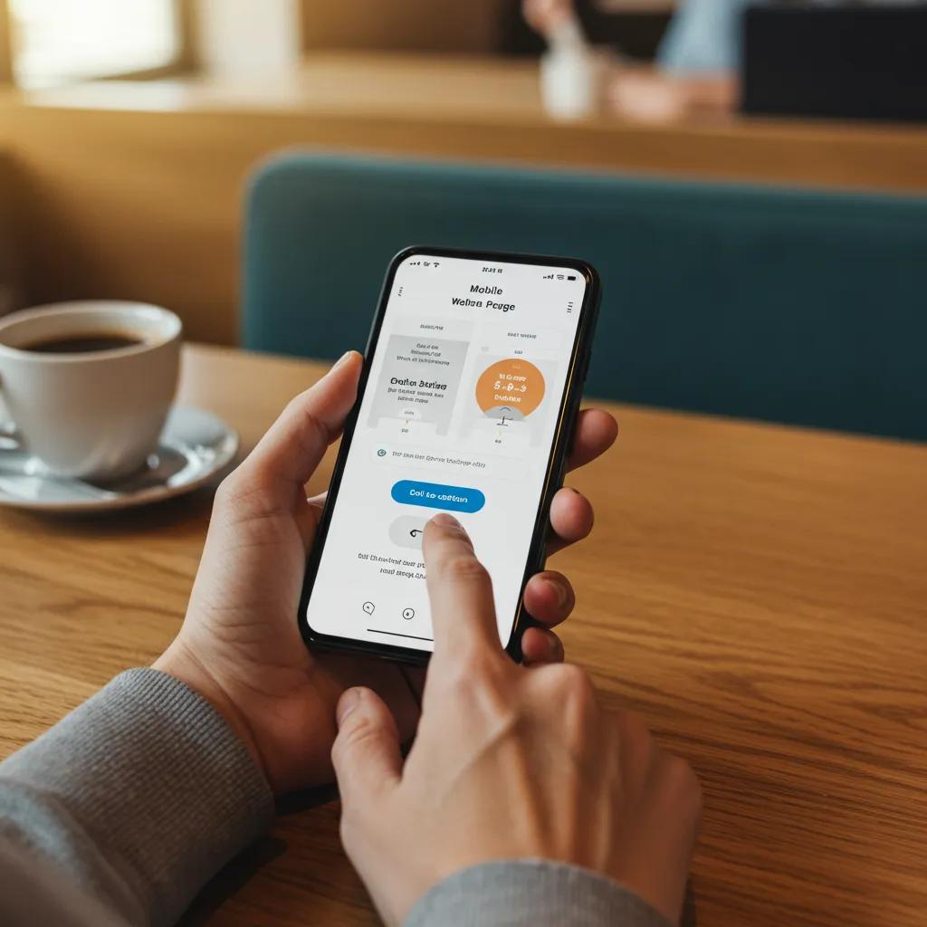 User engaging with a mobile landing page in a café setting