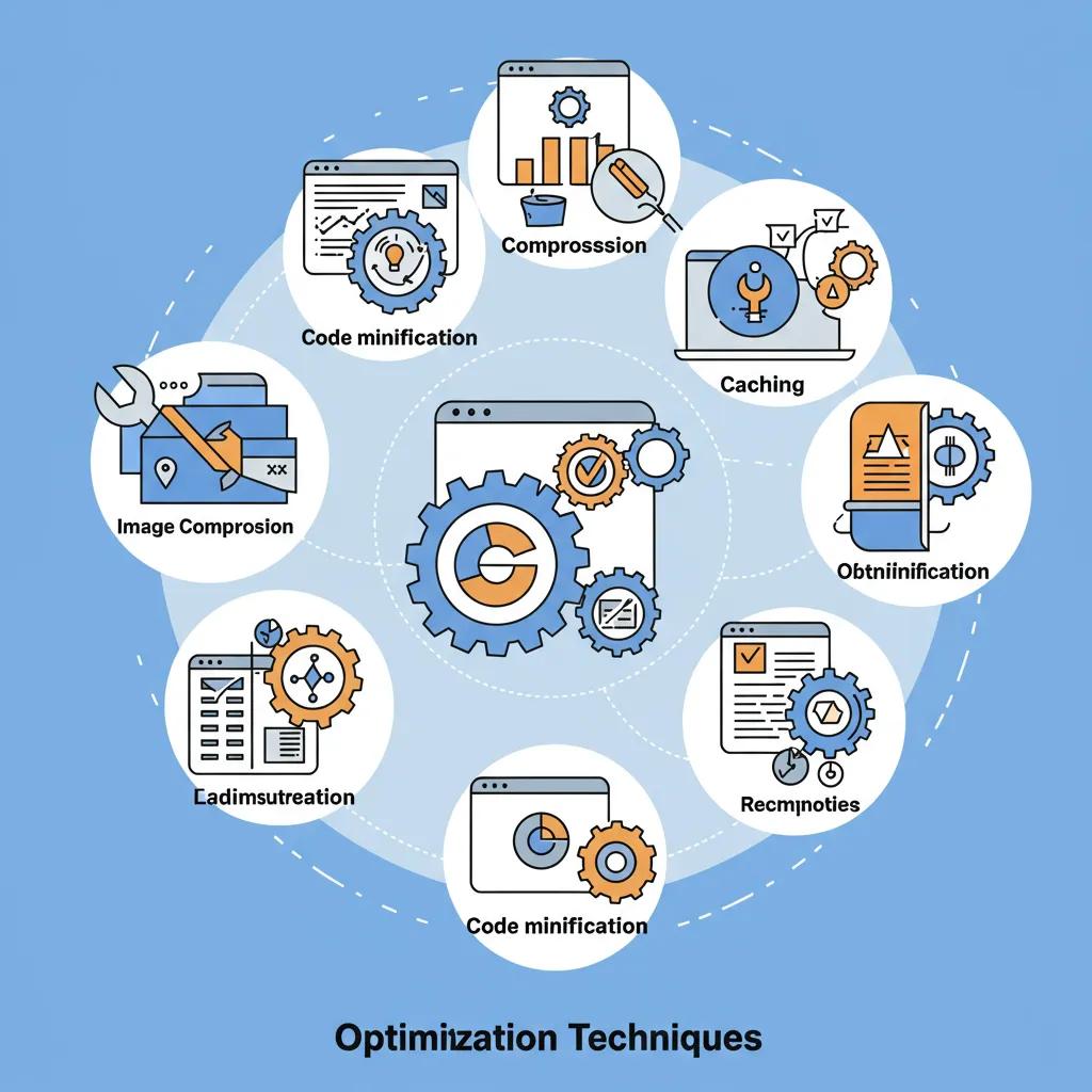 Visual metaphor for landing page optimization techniques including image compression and caching