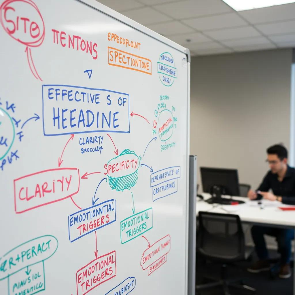 Whiteboard with key elements of effective headlines in a modern office setting