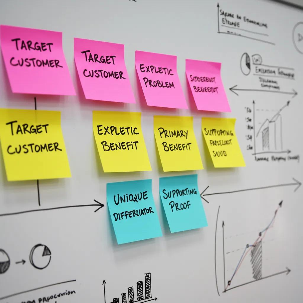 Whiteboard with sticky notes outlining core elements of a strong value proposition