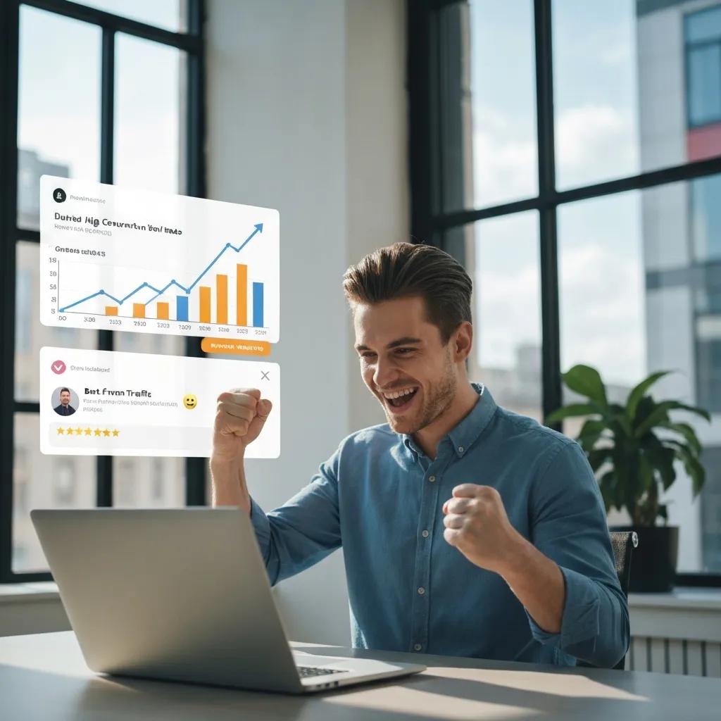 Affiliate marketer celebrating high conversion rates due to bot-free traffic