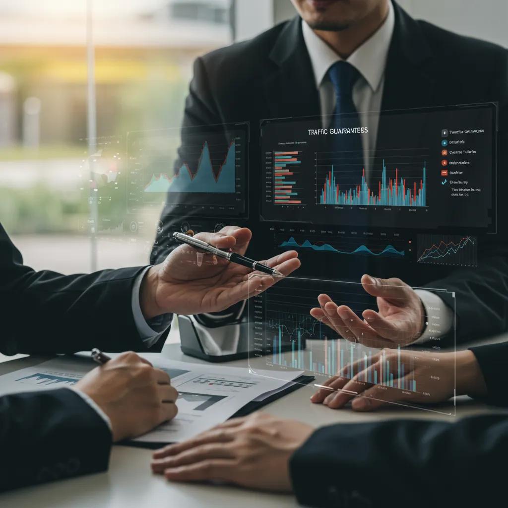 Business person discussing traffic guarantees with a client in a professional setting