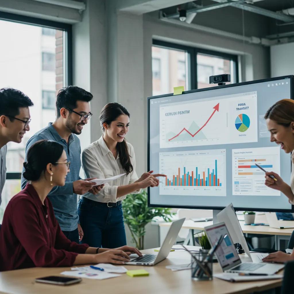 Business team celebrating success while reviewing positive analytics from genuine website traffic