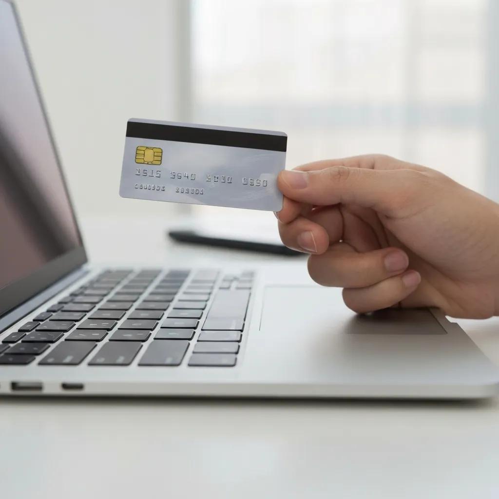 Close-up of a hand holding a credit card above a laptop keyboard for online purchases