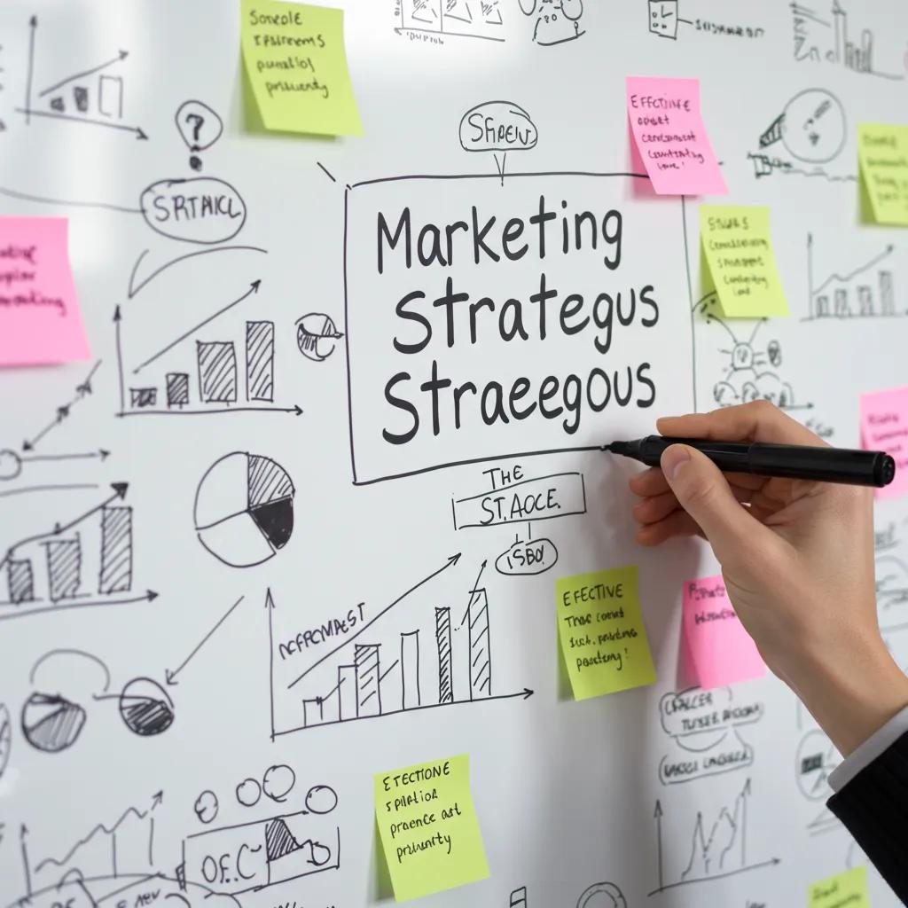 Close-up of a hand writing marketing strategies on a whiteboard for solo ads