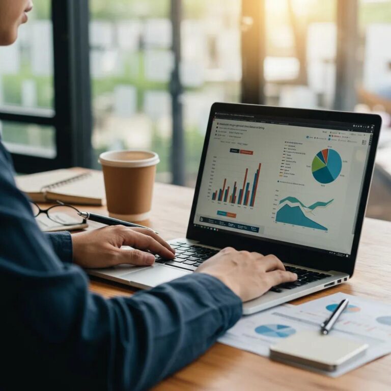 Digital marketing professional analyzing campaign performance metrics on a laptop in a modern workspace