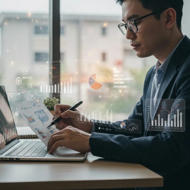 Digital marketing professional analyzing data for solo ad fraud prevention