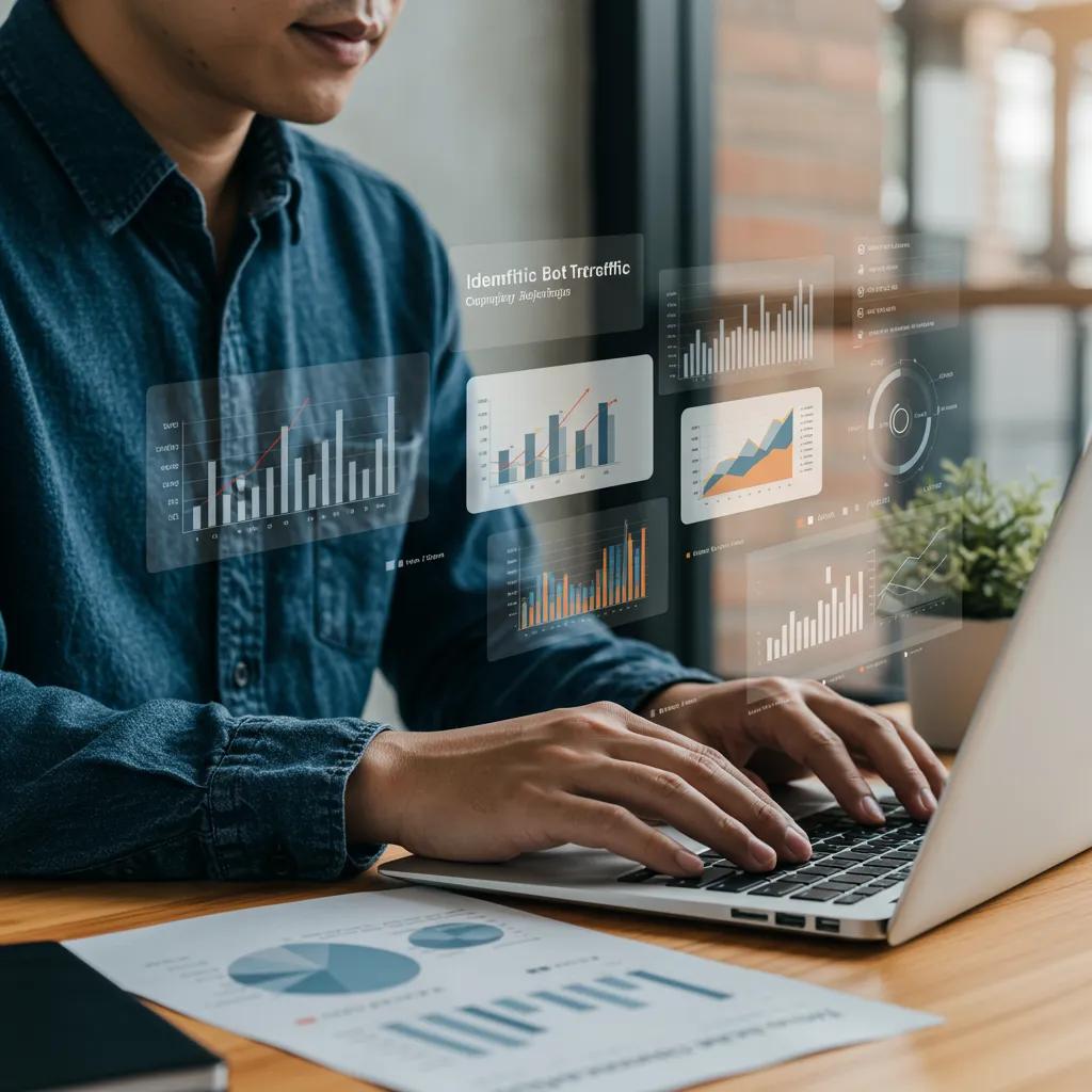 Digital marketing professional analyzing data to identify bot traffic in solo ad campaigns
