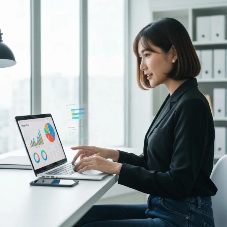 Digital marketing professional analyzing high-quality traffic data in a modern office