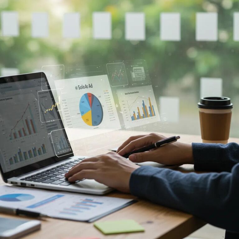 Digital marketing professional analyzing solo ad metrics in a modern office