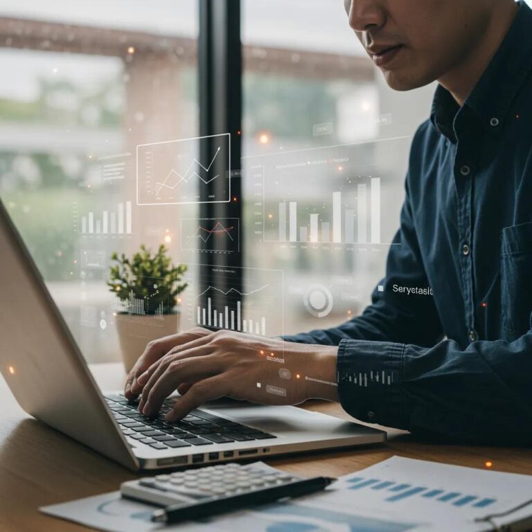 Digital marketing professional analyzing traffic metrics on a laptop in a modern office