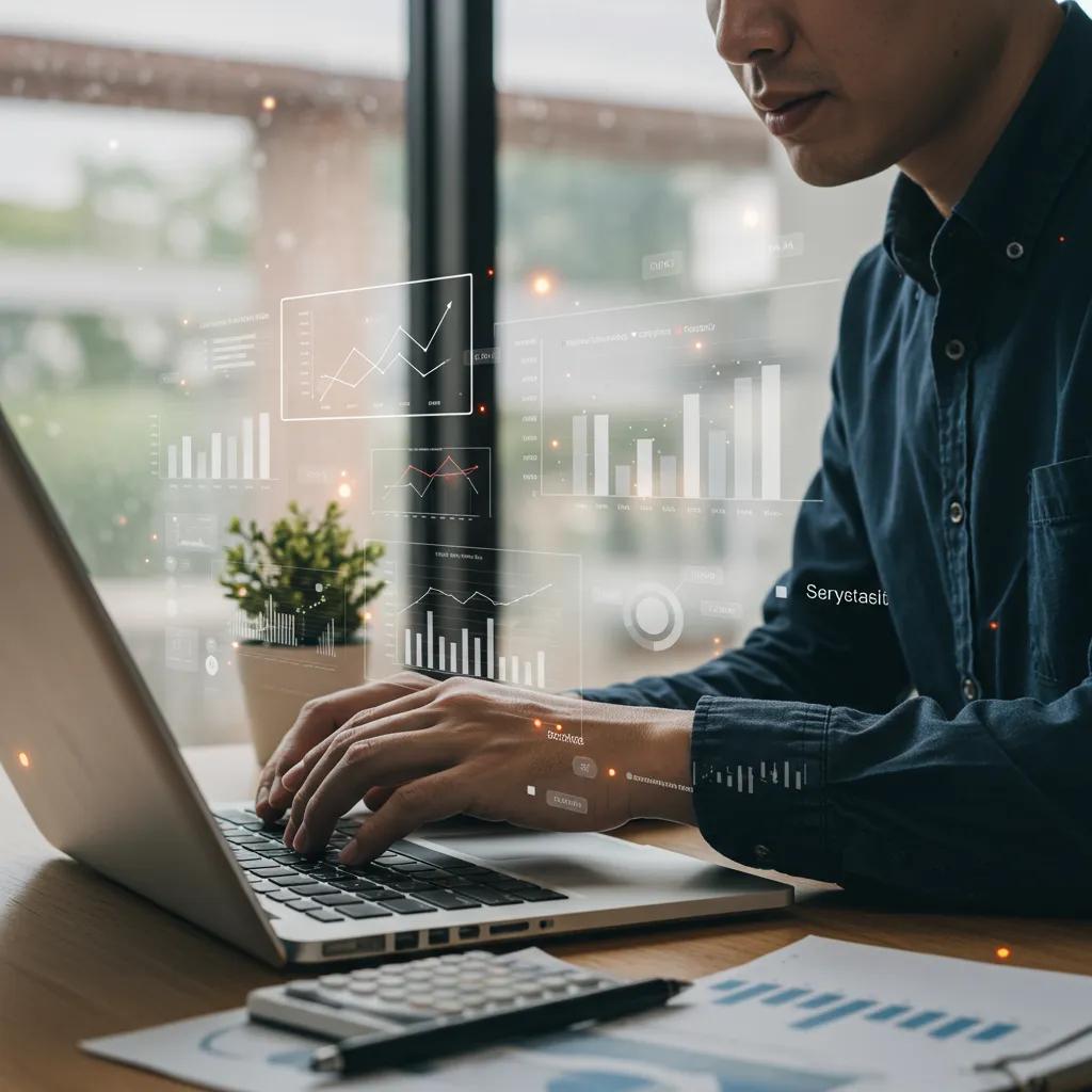Digital marketing professional analyzing traffic metrics on a laptop in a modern office