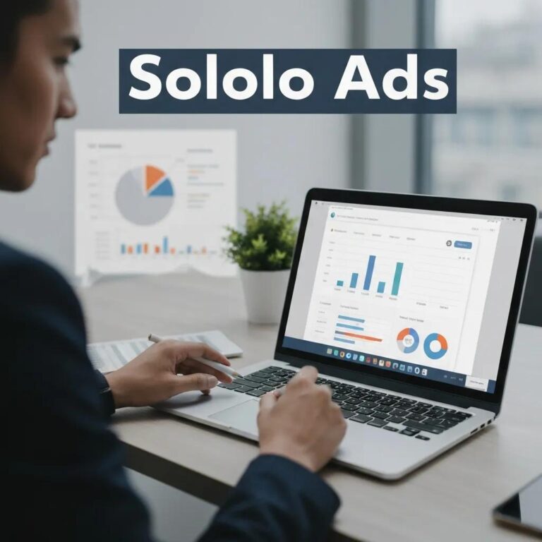 Digital marketing scene with a laptop showing email marketing dashboard and data analysis