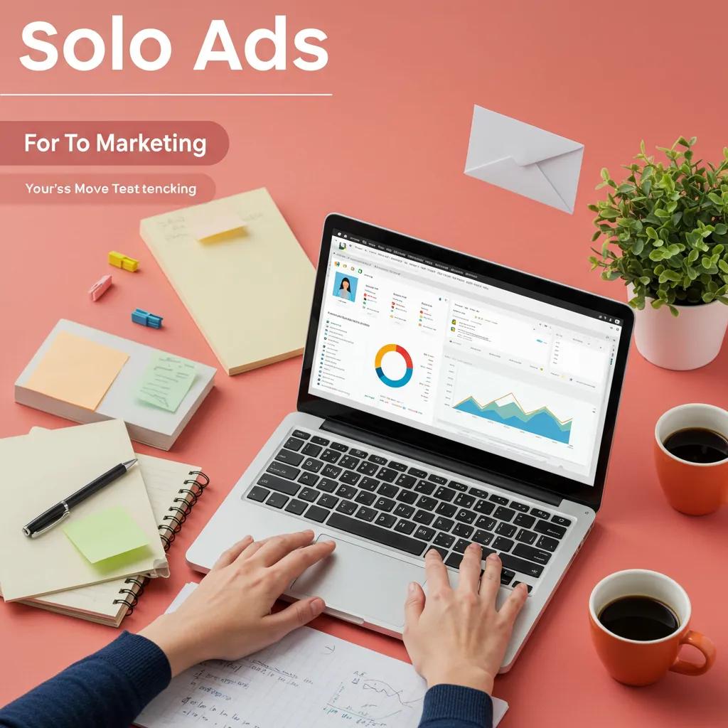 Digital marketing workspace with a laptop showing email marketing analytics related to solo ads