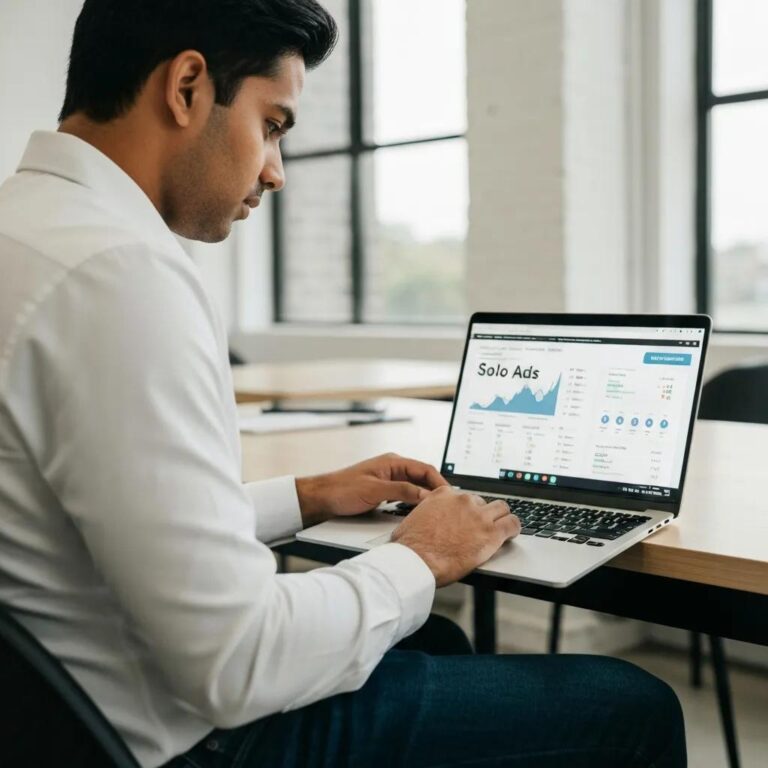Digital marketing workspace with a laptop showing solo ads analytics