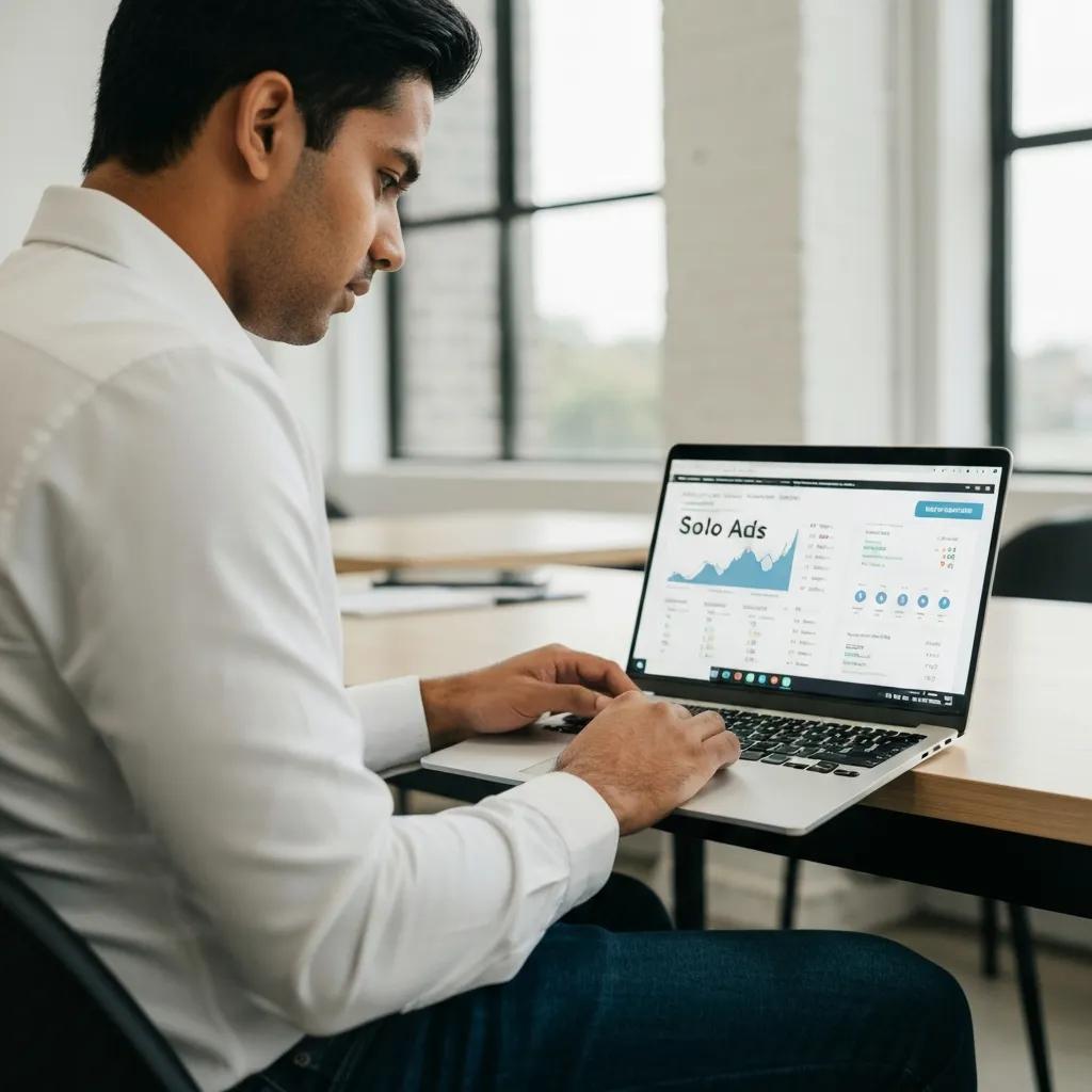 Digital marketing workspace with a laptop showing solo ads analytics