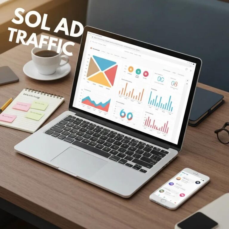Digital marketing workspace with laptop, email dashboard, and marketing materials