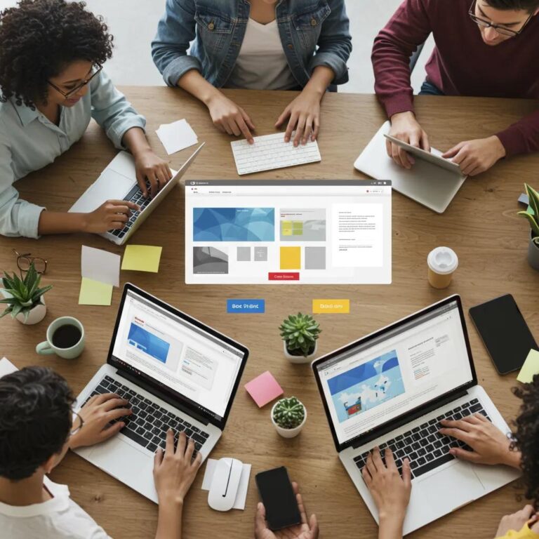 Diverse group of people engaging with a website on laptops and smartphones, representing real human traffic