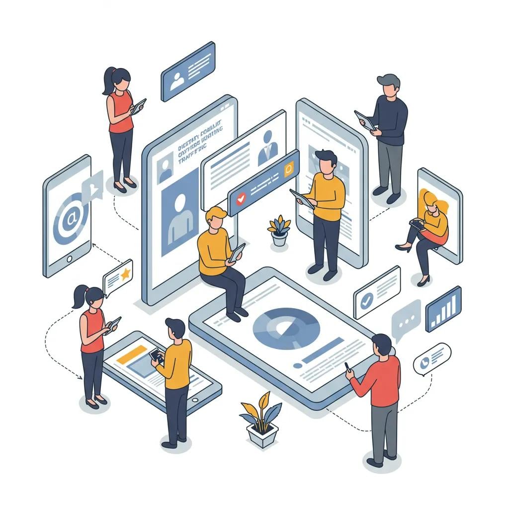 Diverse group of people engaging with digital content, illustrating high-quality solo ad traffic