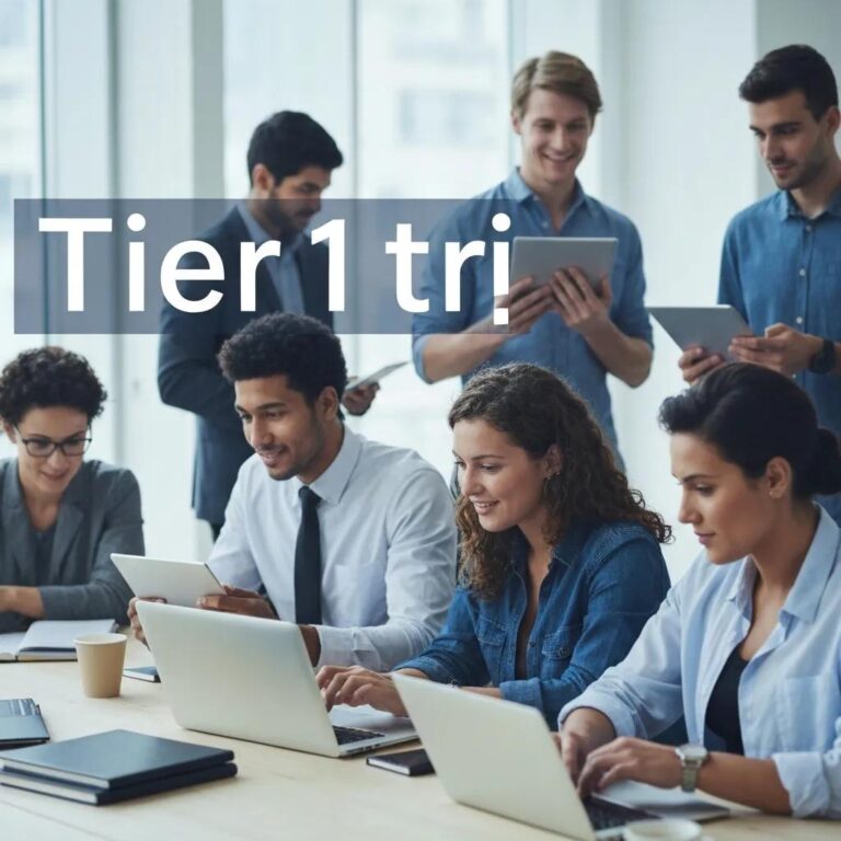 Diverse group of people engaging with digital devices in a modern workspace, representing Tier 1 traffic