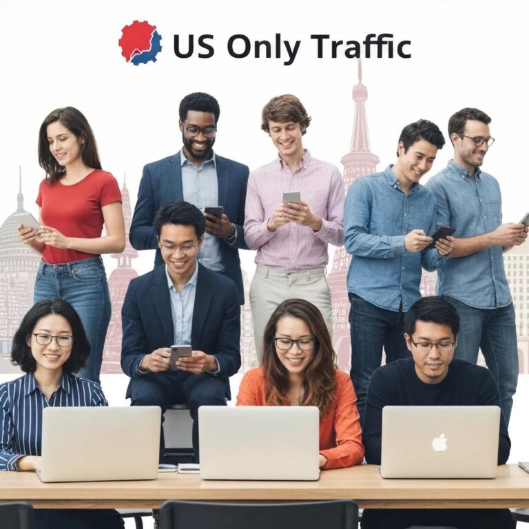 Diverse group of people engaging with technology, representing US Only Traffic in affiliate marketing