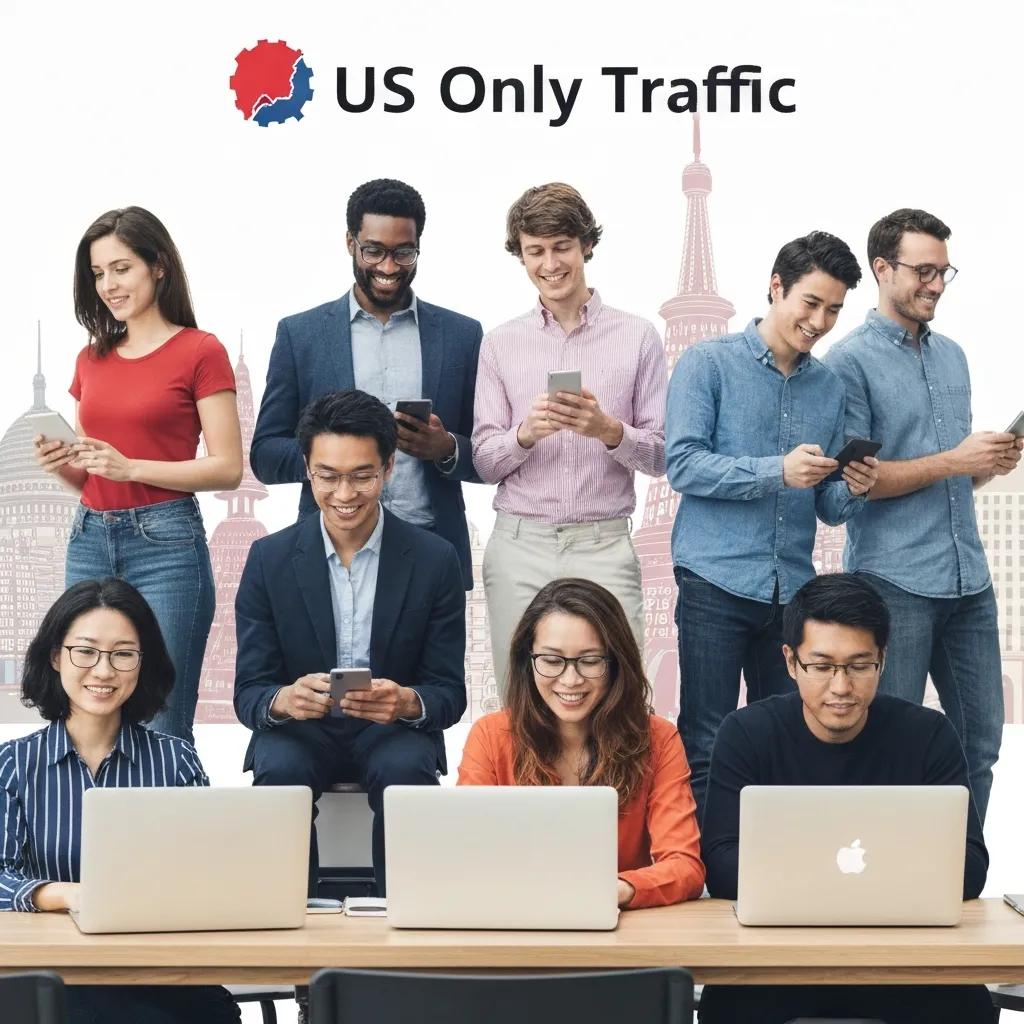 Diverse group of people engaging with technology, representing US Only Traffic in affiliate marketing
