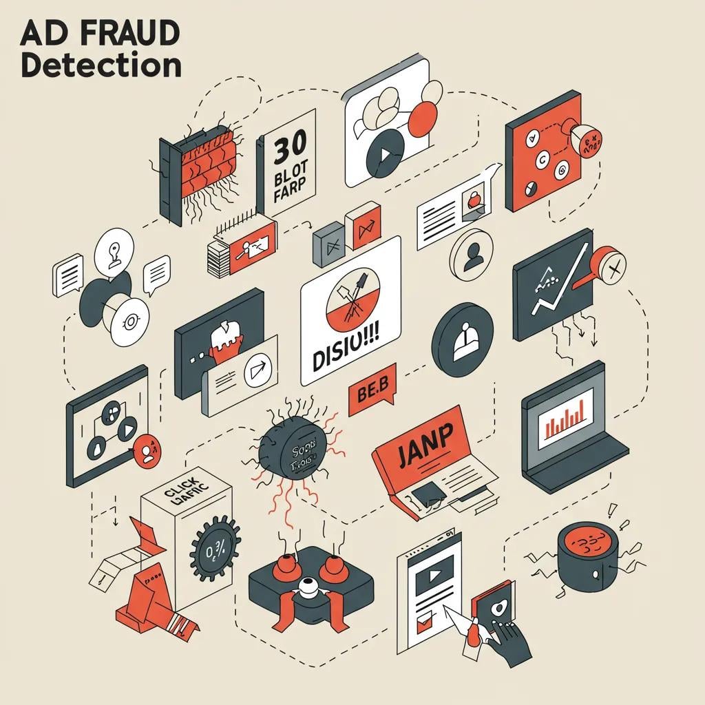 Illustration of various types of ad fraud including click farms, bot traffic, and invalid leads