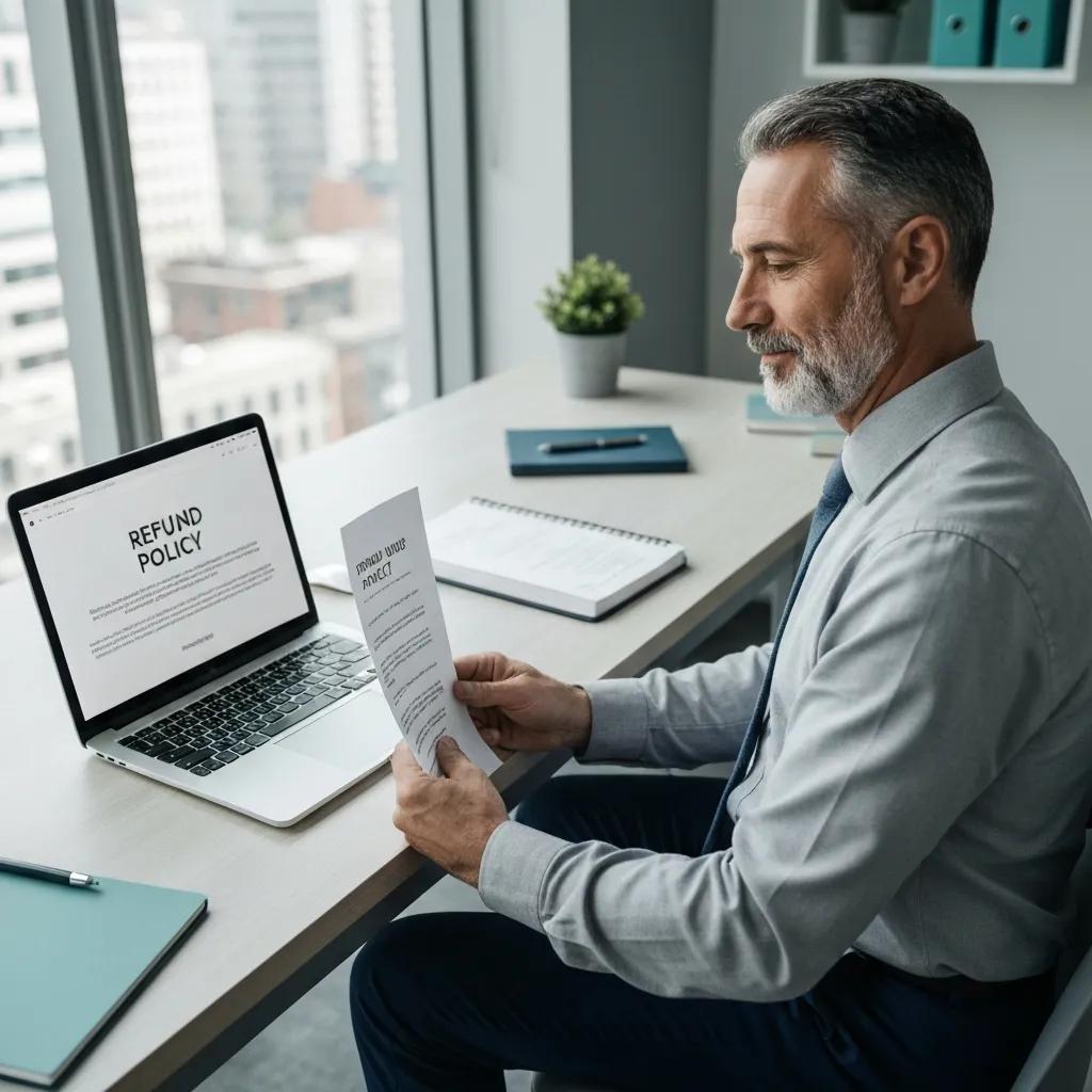 Individual reviewing refund request documents in a modern office setting