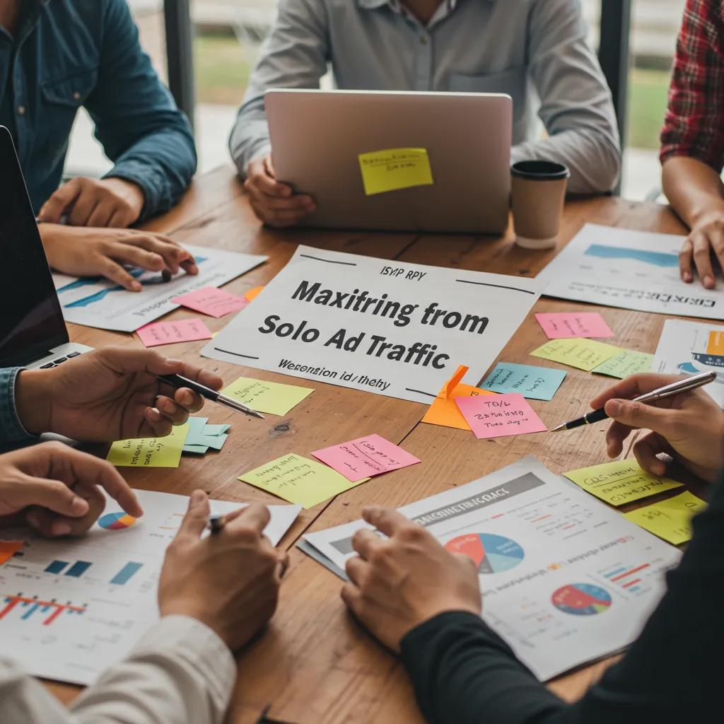 Marketing team brainstorming strategies to maximize ROI from solo ad traffic