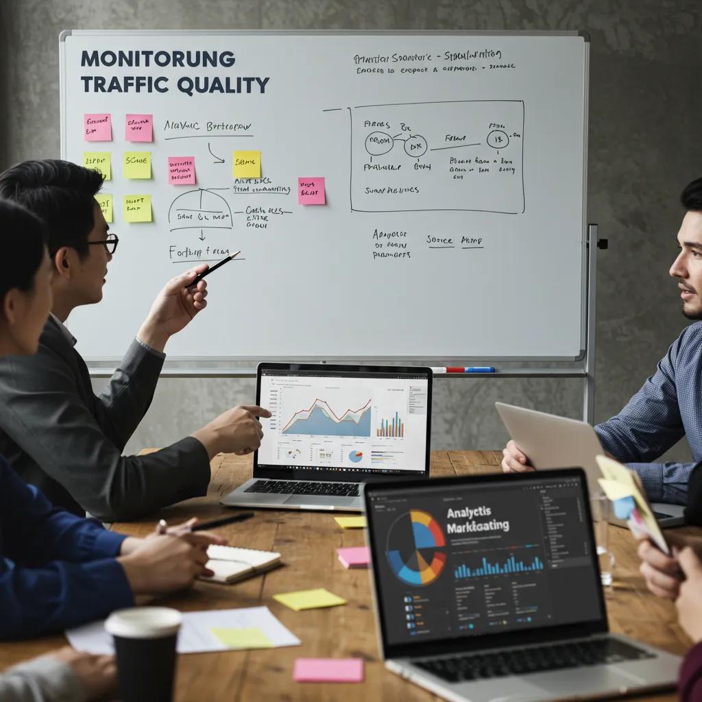 Marketing team discussing strategies for monitoring and improving campaign traffic quality in a collaborative meeting