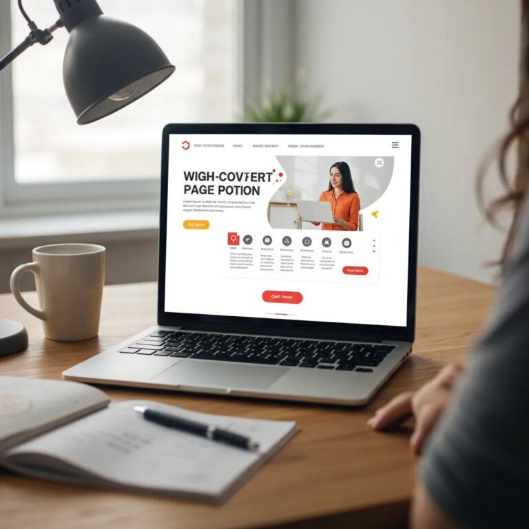 Modern laptop displaying a high-converting landing page design with a clear call-to-action