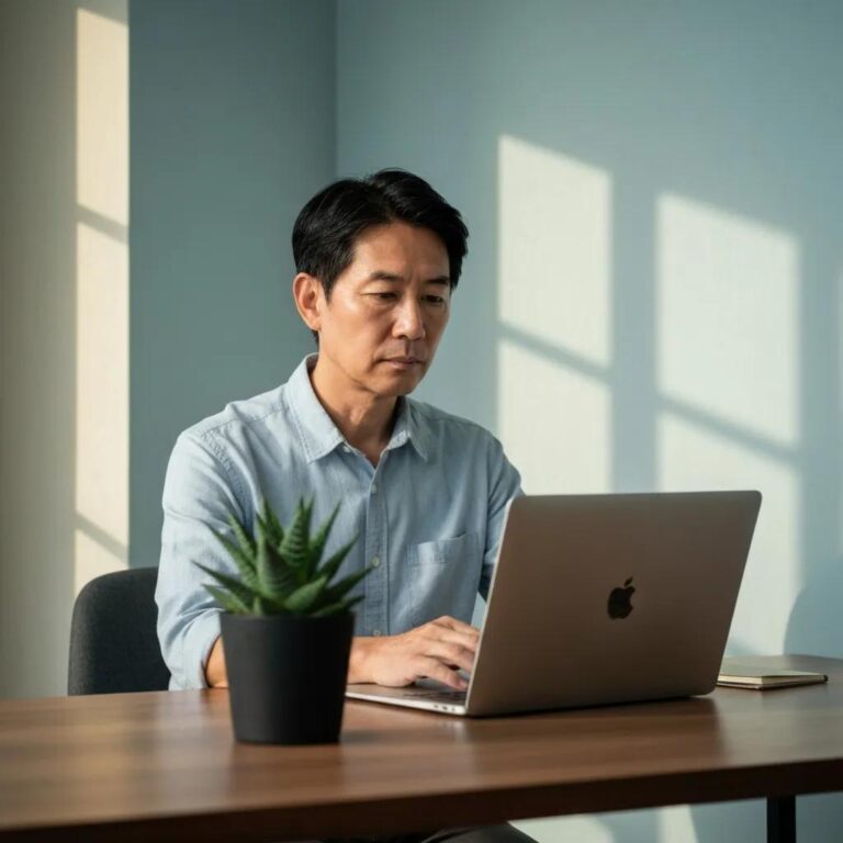 Person working on a laptop for solo ad marketing in a cozy workspace