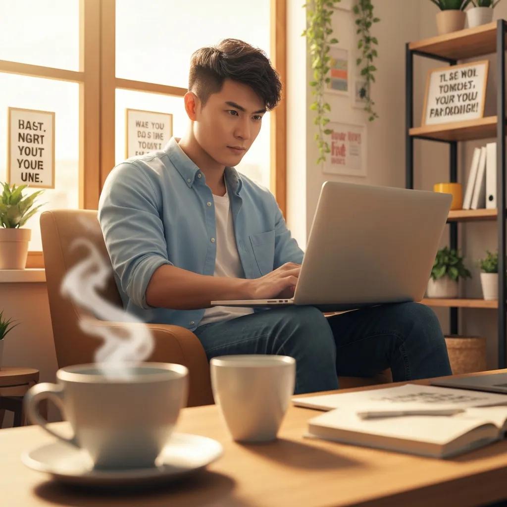 Person working on a laptop in a cozy home office, symbolizing productivity in the Make Money Online niche